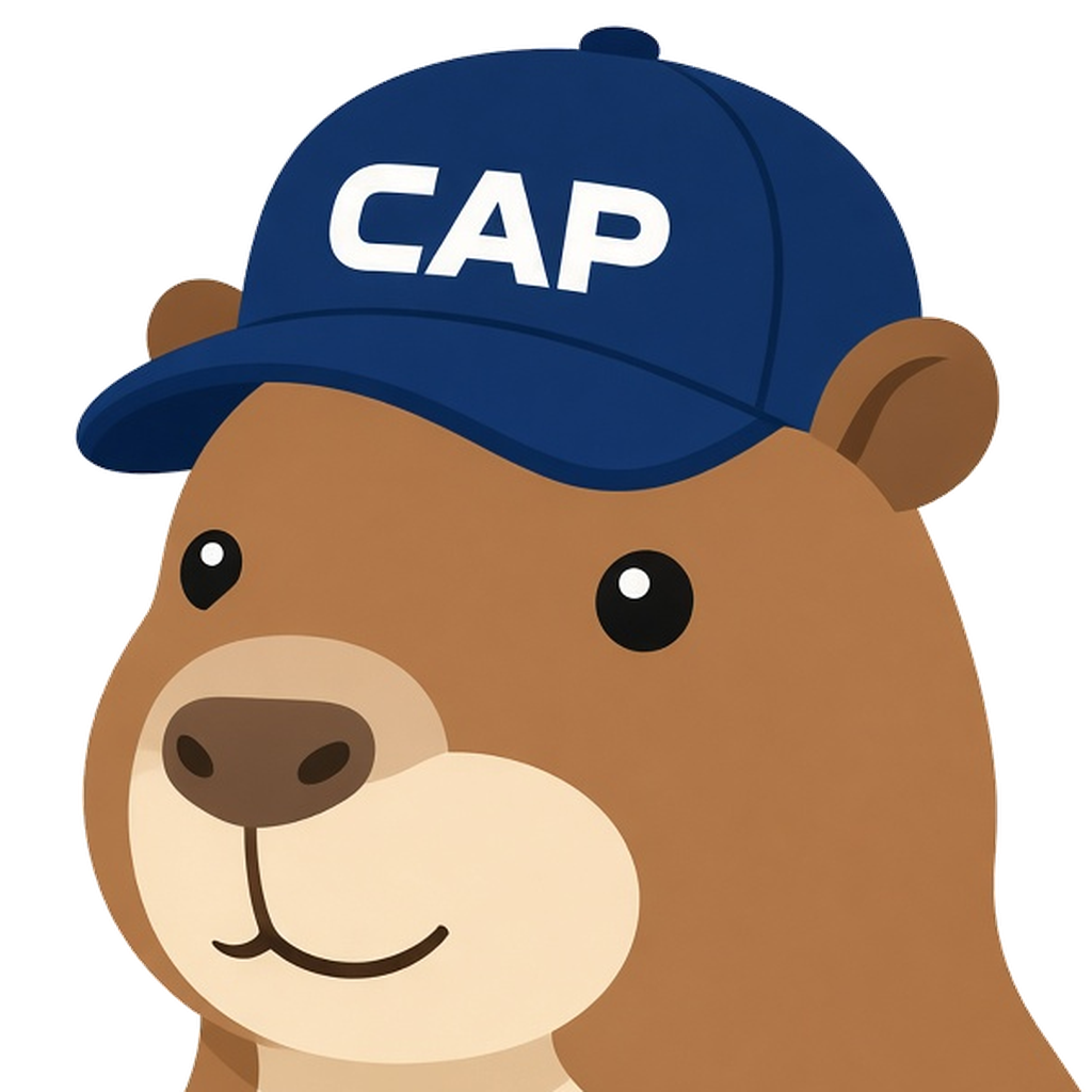 The casual CAP mark: the capybara's head in a CAP baseball cap