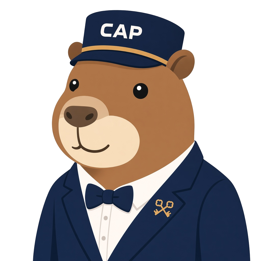 The CAP capybara in a concierge cap, bow tie, and navy jacket with a crossed-keys pin
